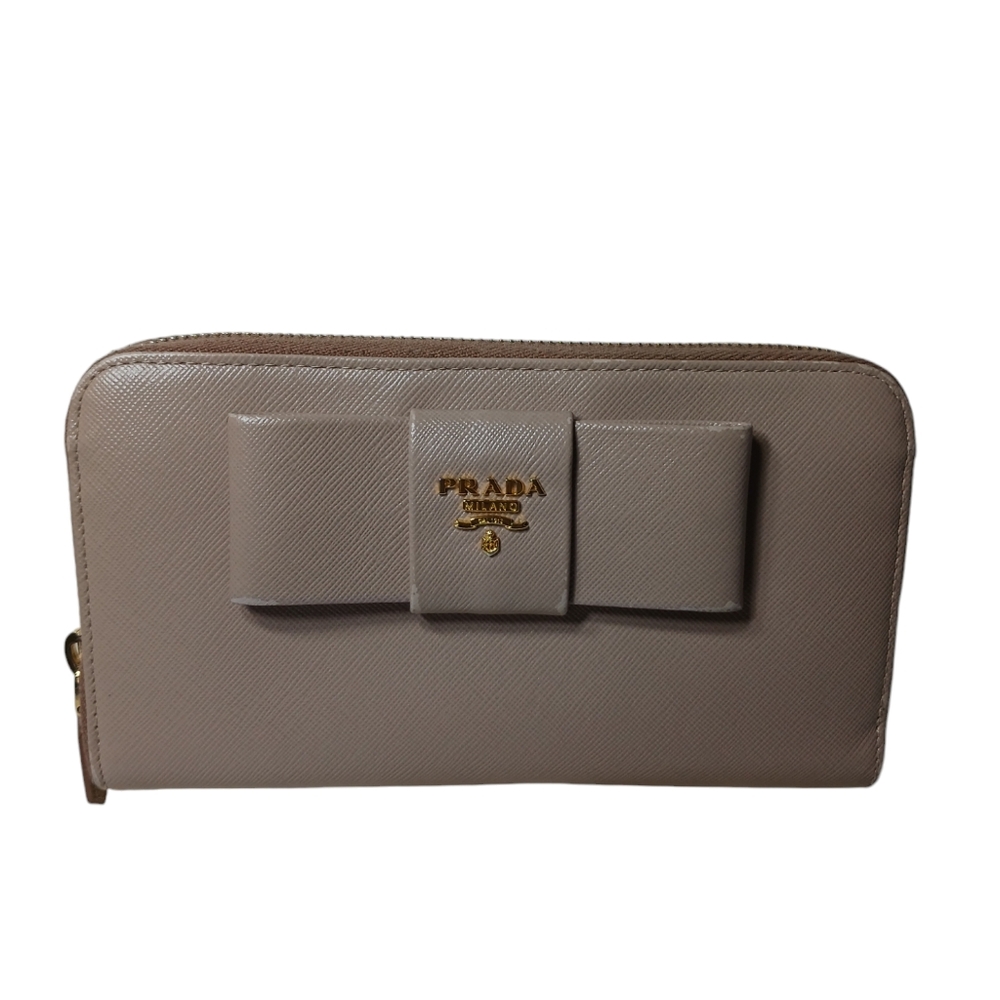 PRADA Saffiano Fiocco Bow zippy long wallet cameo beige w/ gold zipper & Cards